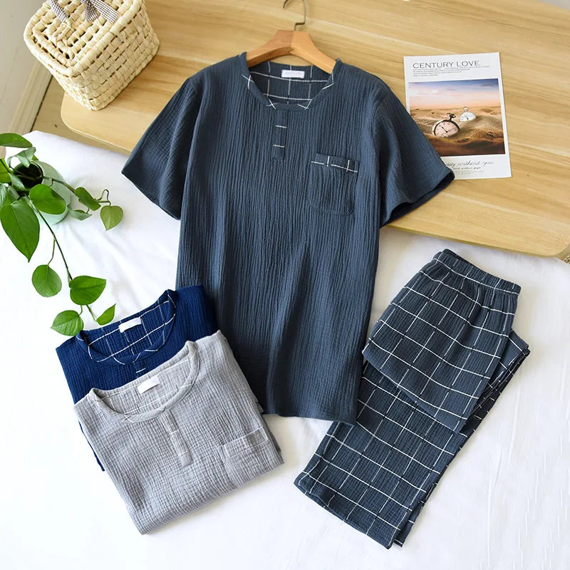 cotton crepe round neck plaid pajamas two-piece long-sleeved trousers