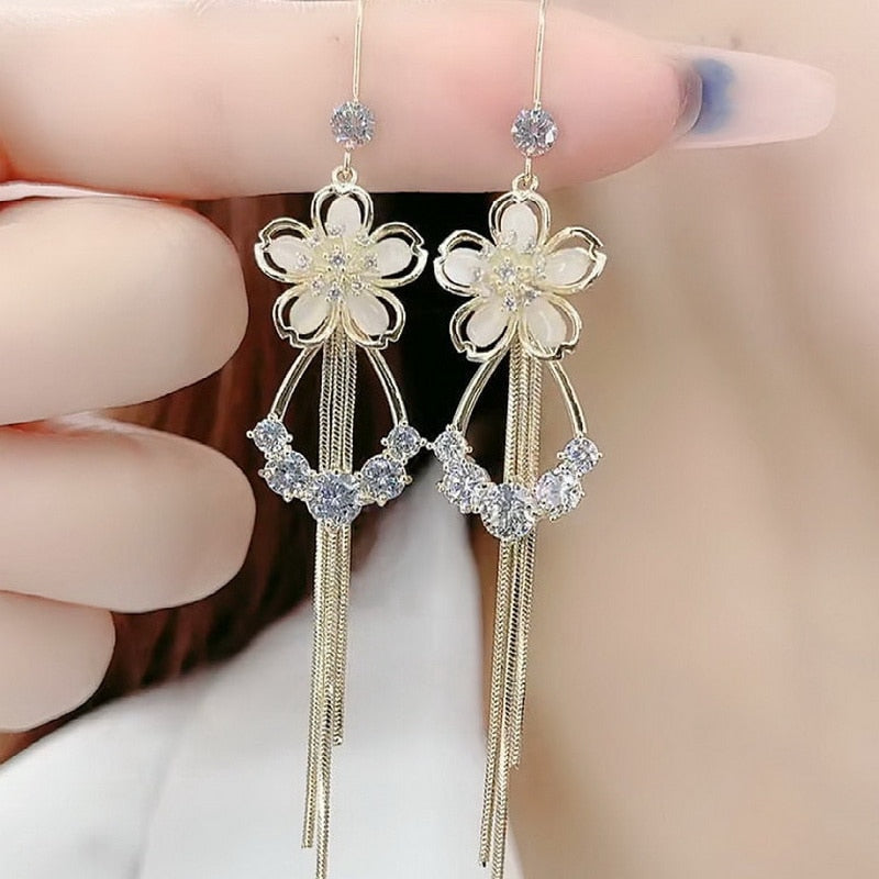 Heart Shape Stud Flowers Tassel Earring