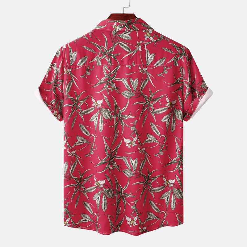 Red Floral Hawaiian Shirt Men Short Sleeve Button Down