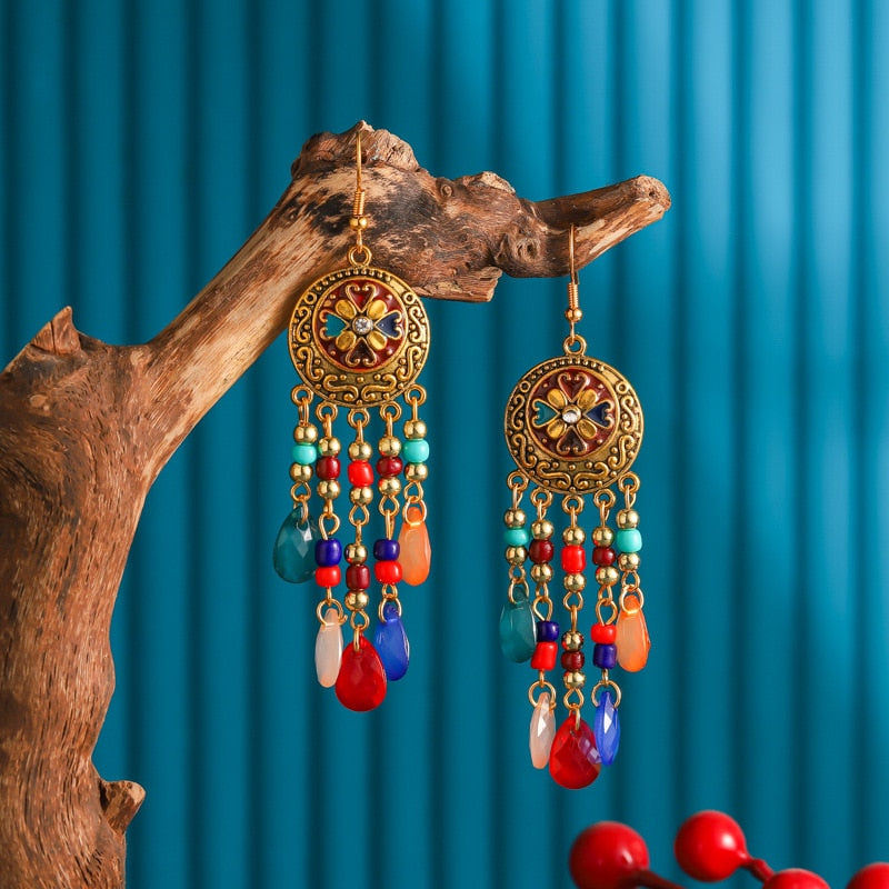 Bohemian Antique Gold Color Long Water Drop Tassel Earrings