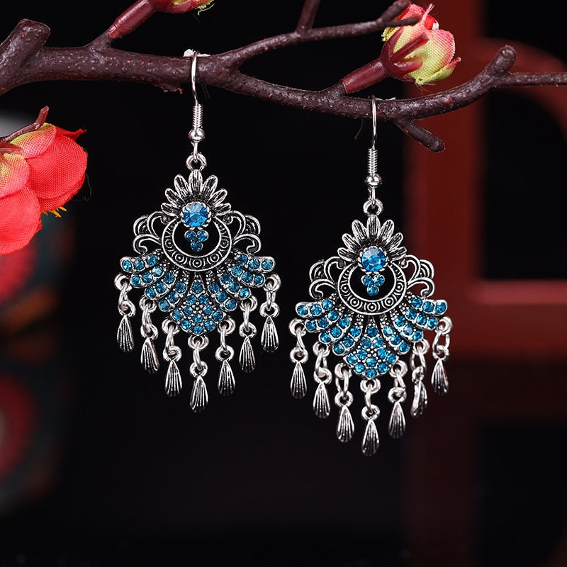 Bohemian Ethnic Long Blue Acrylic Crystal Water Drop Earrings Retro