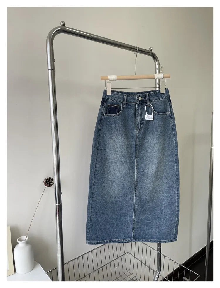 Fashion Y2K Denim Skirt Vintage Patchwork Split Slim A-line