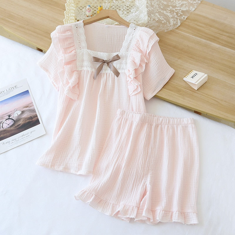 short-sleeved shorts ladies pajamas set cotton crepe solid color f