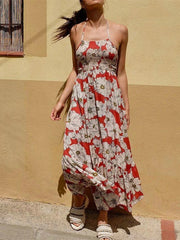 Vintage Chic Floral Print Sleeveless Bohemian Spaghetti Dress