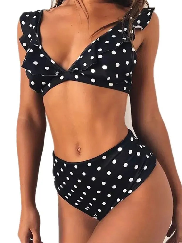 Bikini Swimsuit High Waist Dot V-Neck Ruffled Bikinis