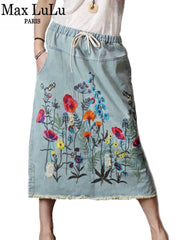 Design Female Clothes Vintage Loose Embroidery Denim Skirts