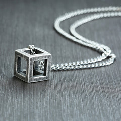 Retro Hollow Cube Pendant Stainless Steel Square Vintage Necklace