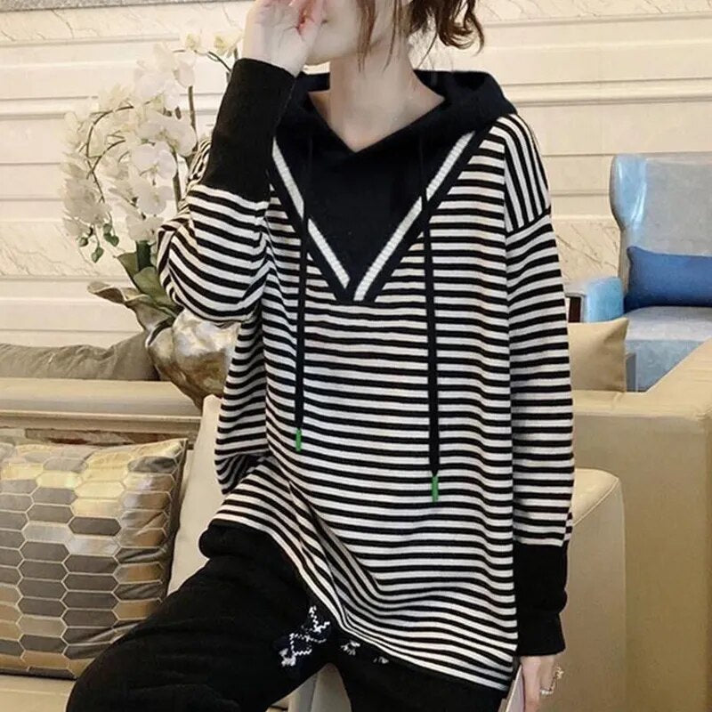 Style Vintage Striped Patchwork Hoodies Loose Casual