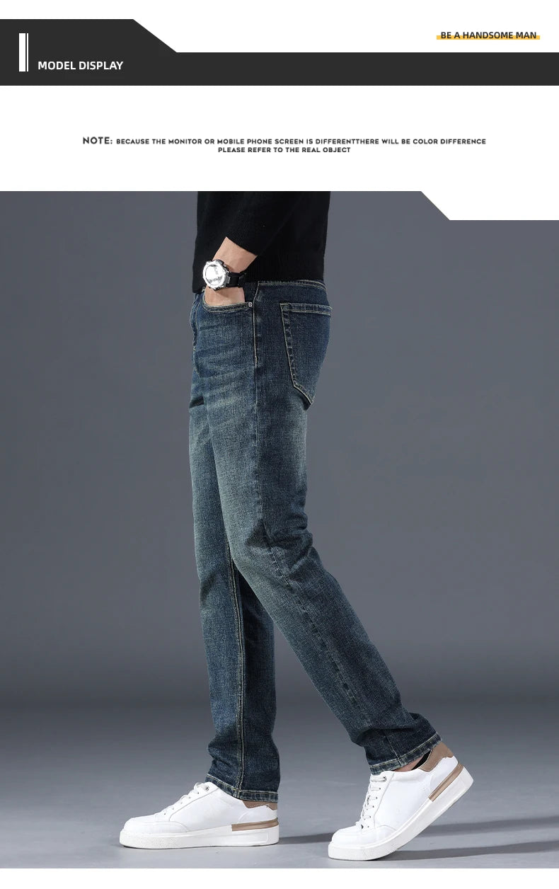 Men's Fleece Slim Straight Jeans Retro Washed Elastic Denim Pants