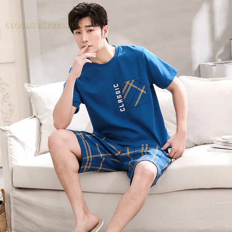 Mens Pajamas Casual Short Tops Lattice Short Pants