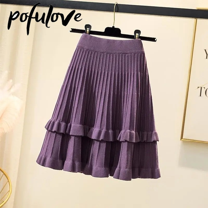 Knitted High Waist Pleated Skirt A-line Skirts Ruffled