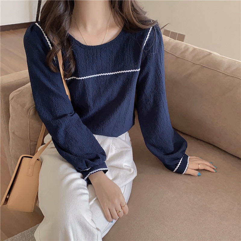 Blouse Stylish Ladies Top Chic Lantern Sleeve Solid O-neck