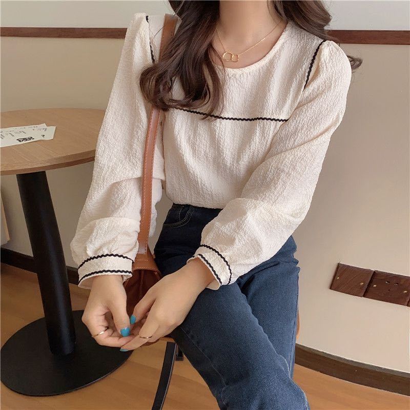 Blouse Stylish Ladies Top Chic Lantern Sleeve Solid O-neck