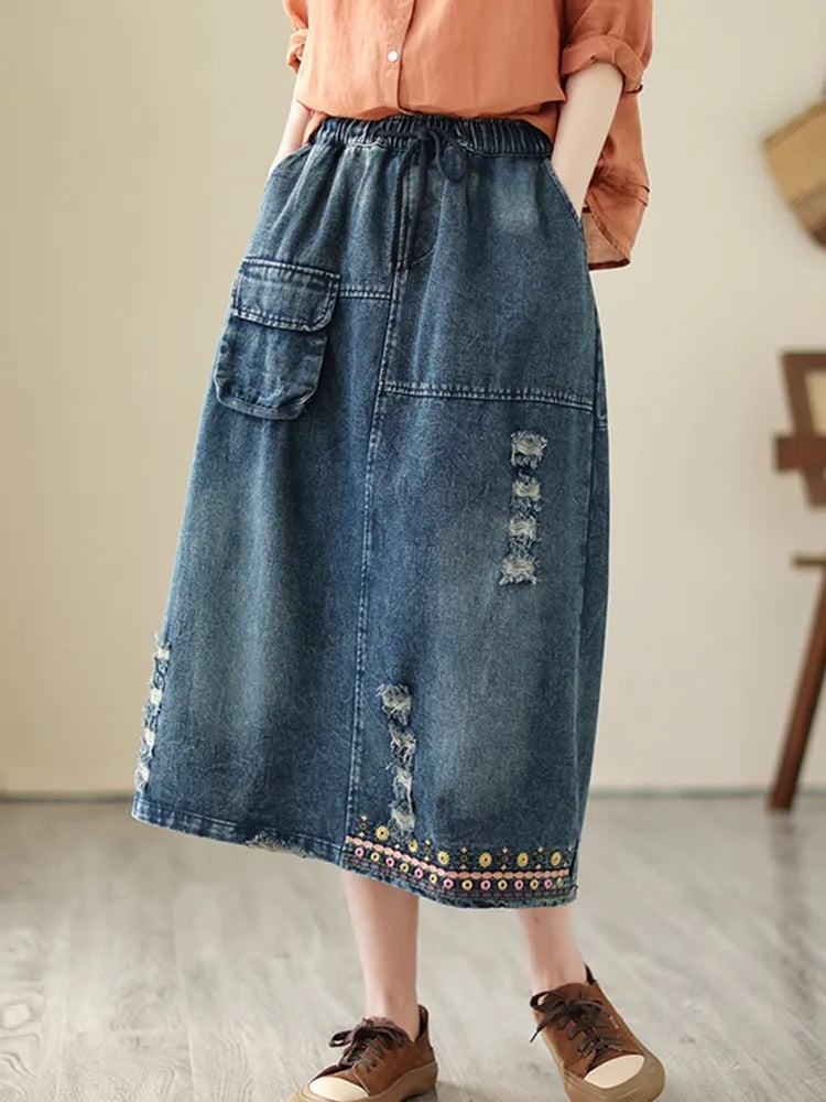 High Waist Denim Long Skirt Women Vintage Style Floral Embroidery