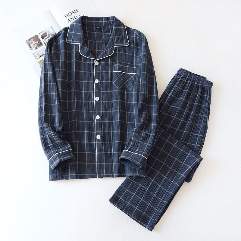 men's plaid home service suit cotton crepe cloth pajamas