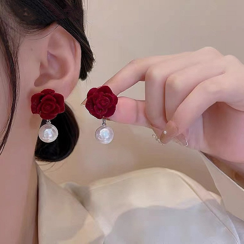 Style Rose Flower Love Heart Zircon Stud Earrings