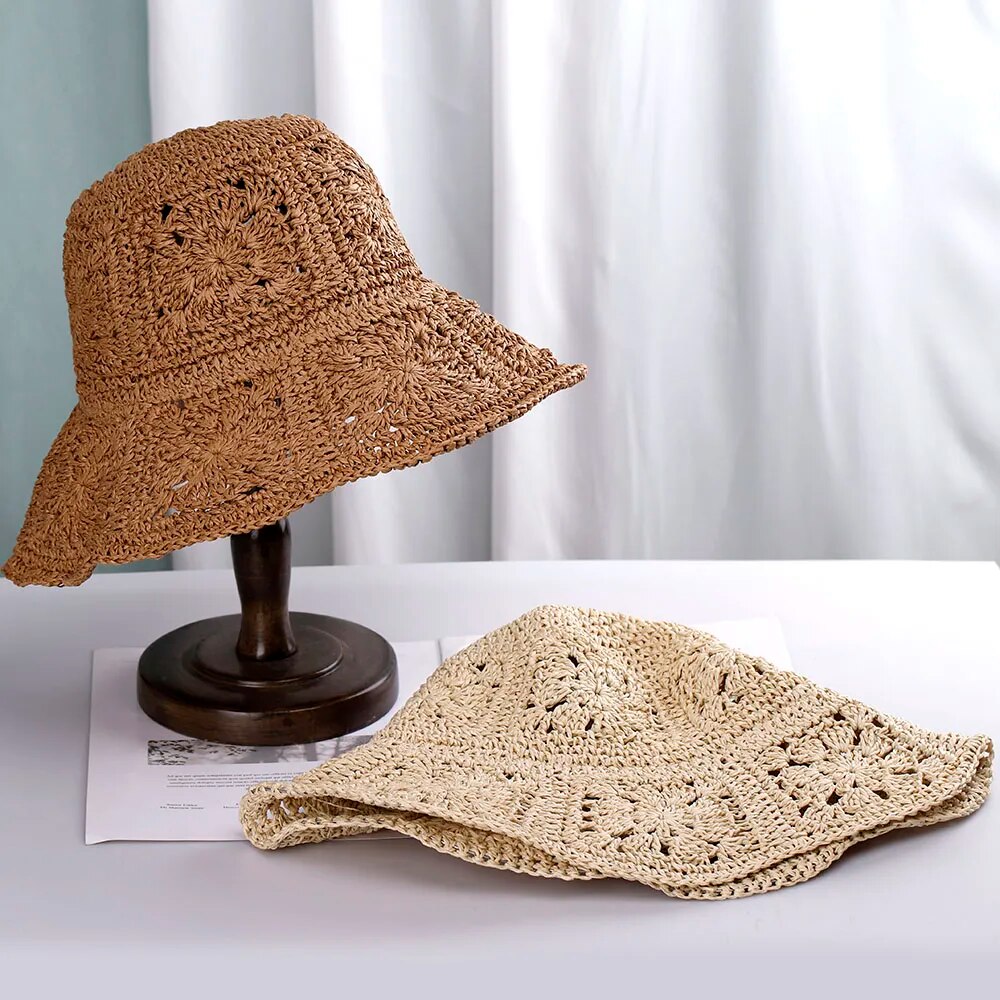 Women Straw crochet bucket Foldable hat