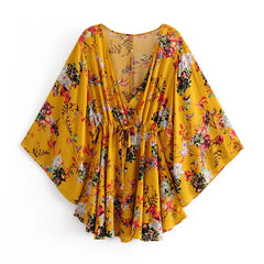 Happie yellow floral print deep v-neck bohemian mini dress