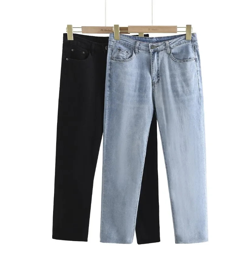 High Waist Mom Pockets Zipper Pants Cotton Harem Jeans