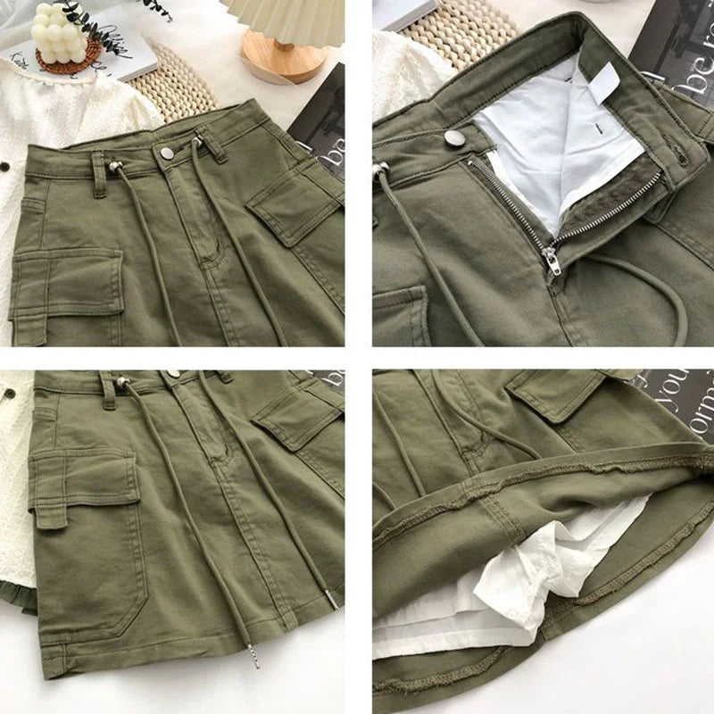 Short Skirt Denim Cargo Drawstring High Waist Mini