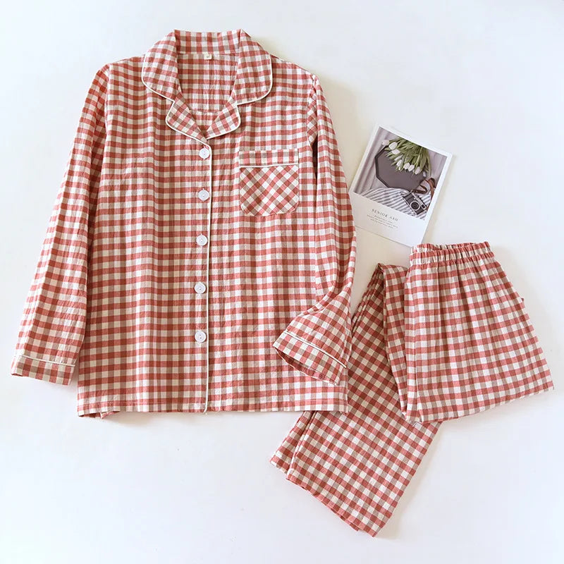 Cotton Plaid Design Couple Pajamas Sets Long-sleeved Trousers Suit