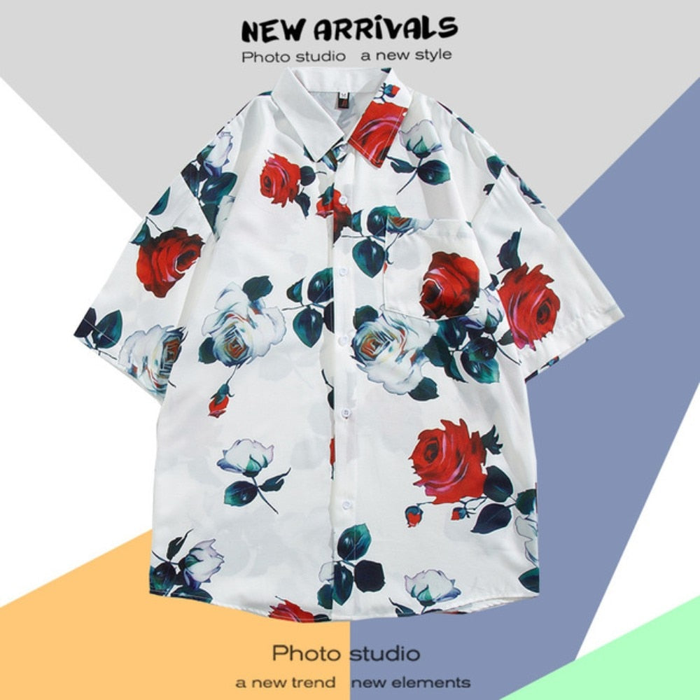 Hawaiian Men's Floral Shirt Summer Geometric Print Short Sleeved