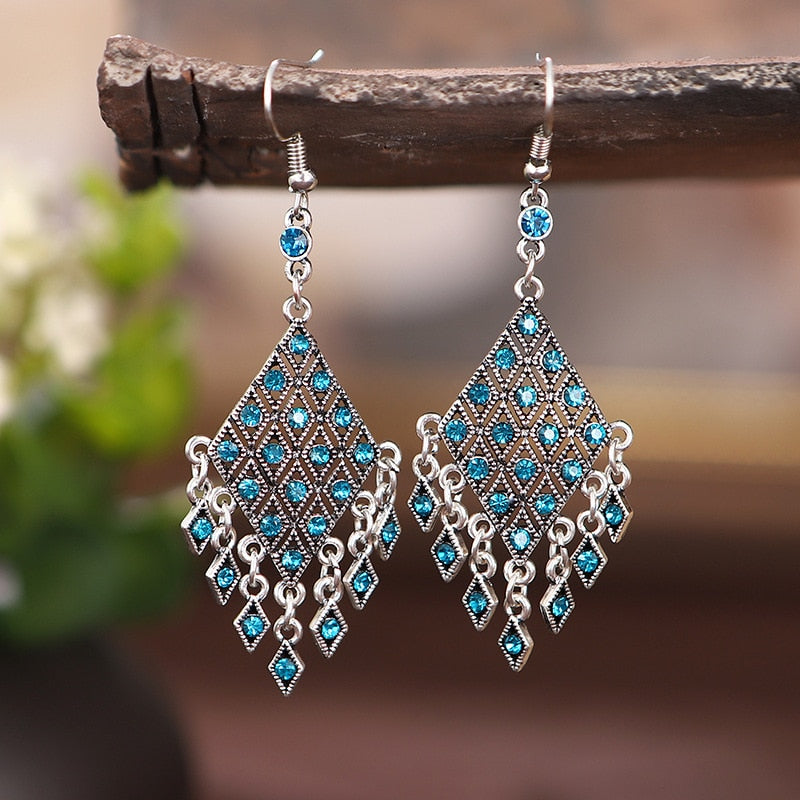 Bohemian Ethnic Long Blue Acrylic Crystal Water Drop Earrings Retro