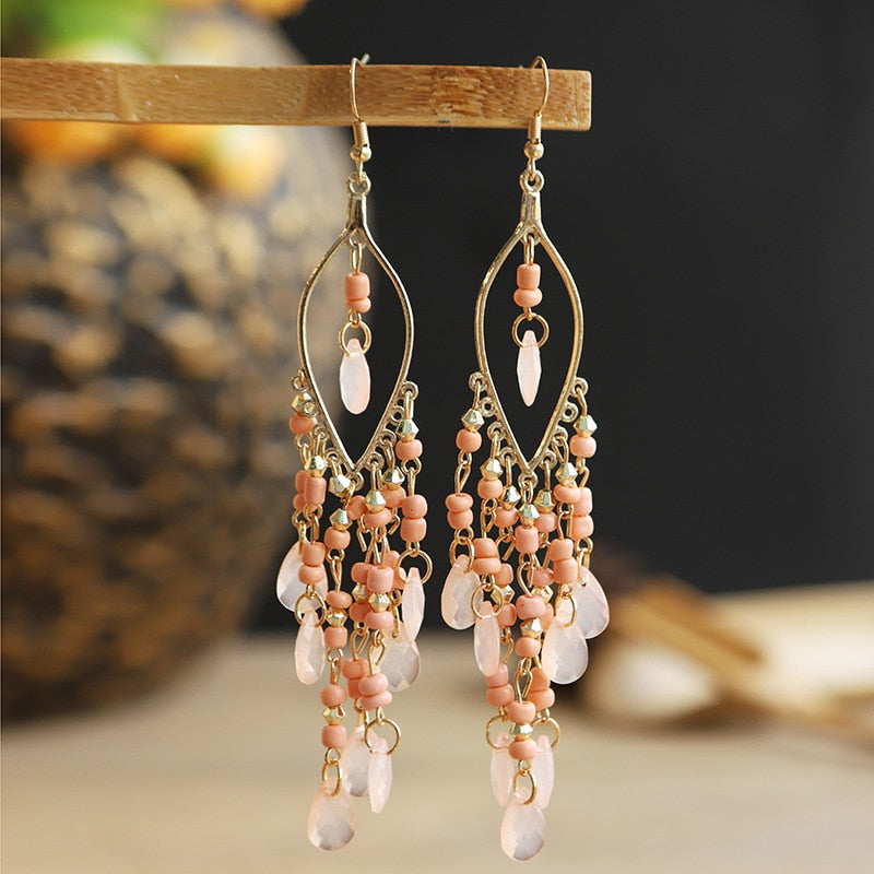 Bohemian Antique Gold Color Long Water Drop Tassel Earrings