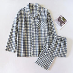 Cotton Plaid Design Couple Pajamas Sets Long-sleeved Trousers Suit