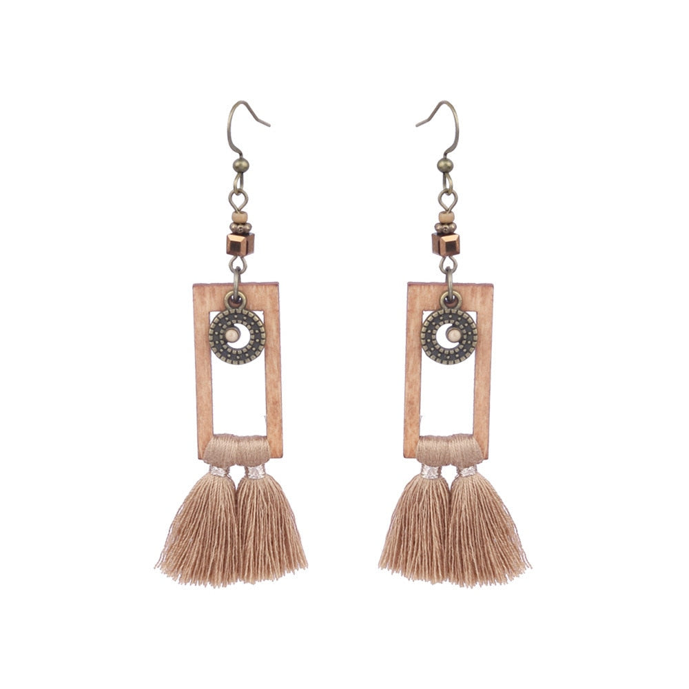 Bohemian Ethnic Brown Tassel Natural Wooden Hanging Earrings