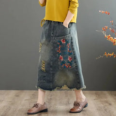 Embroidered Denim Skirt with Ripped Raw Edge A-line Mid-length