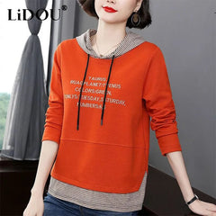 Striped Patchwork Loose Casual Hoodies Ladies Fashion