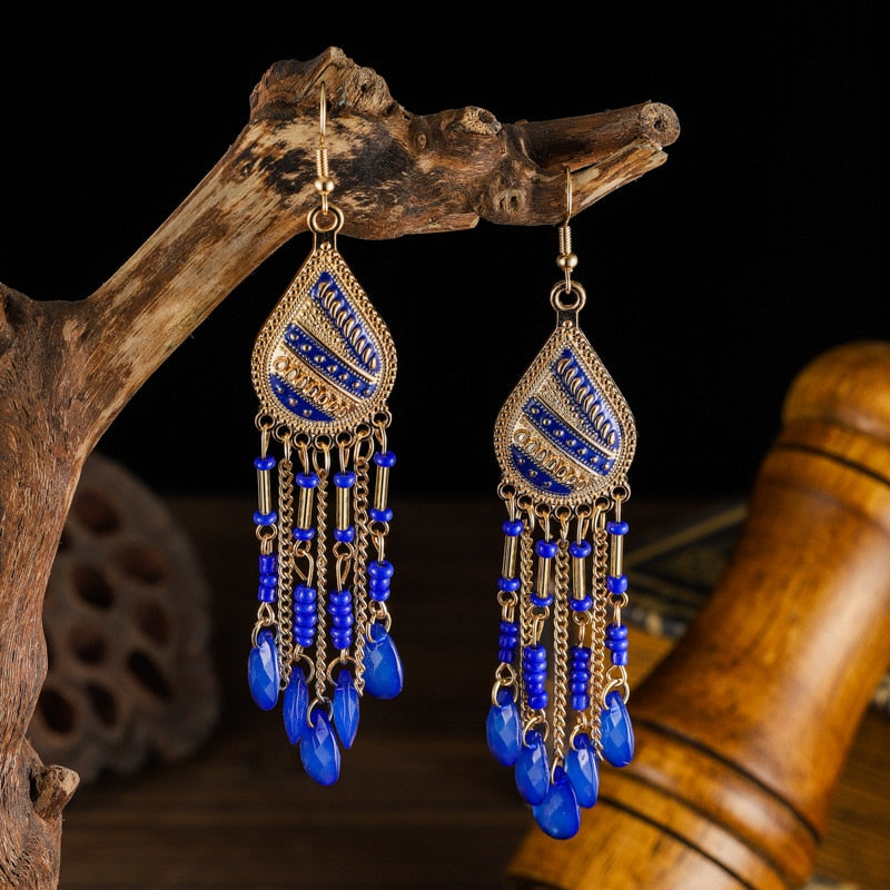 Bohemian Antique Gold Color Long Water Drop Tassel Earrings