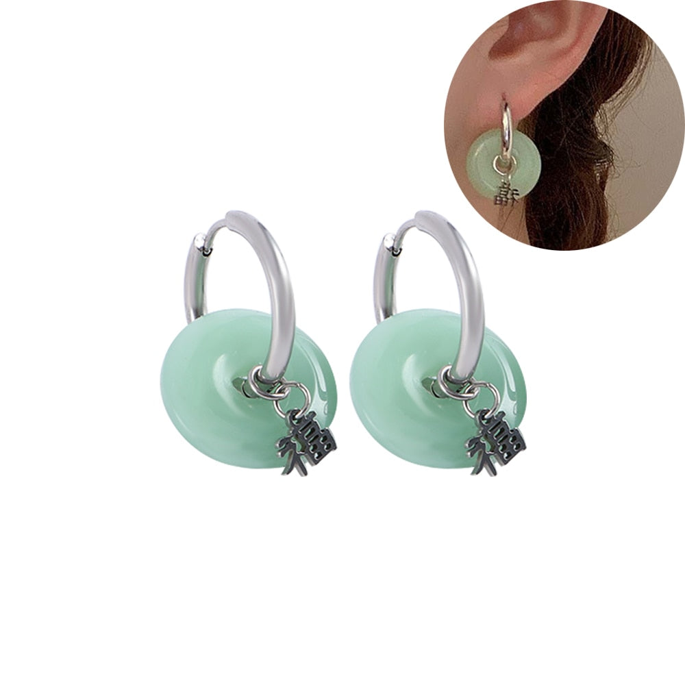 1Pair Peace Buckle Green Jade Earrings