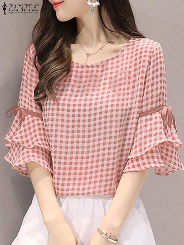 Style Check Tops Women Summer Blouse Casual Lace-Up