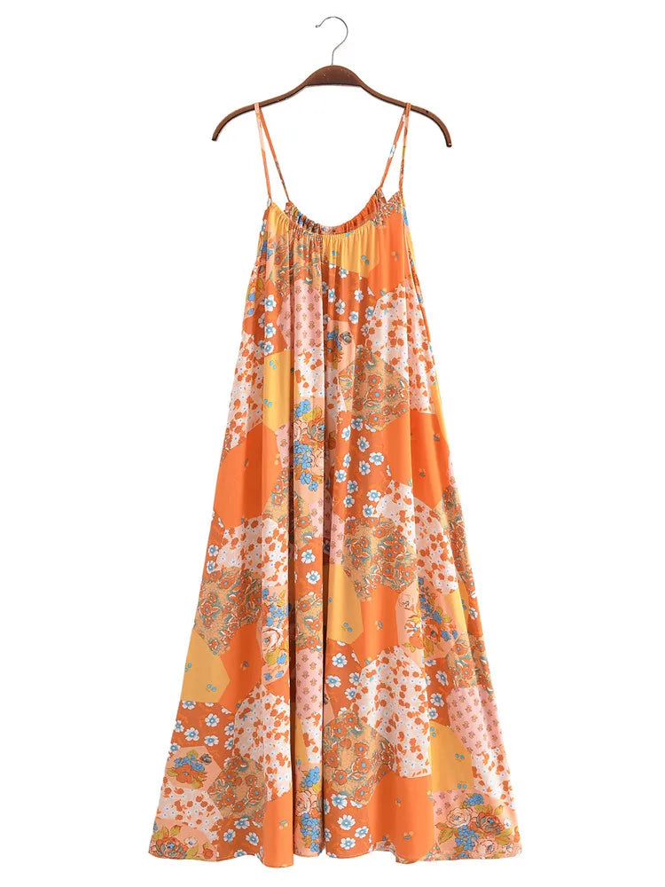 BOHO Orange Geometric Flower Print Dress