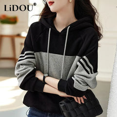 Loose Casual Patchwork Hoodies Ladies Simple Fashion All-match