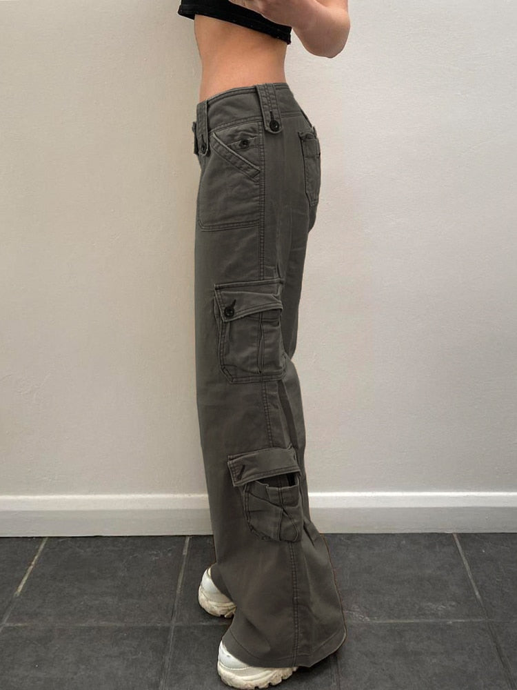 Baggy Jeans Low Rise Button Fly Straight  Denim Cargo Pants