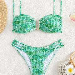 Floral Print Smocked Cut Out Bikinis Set