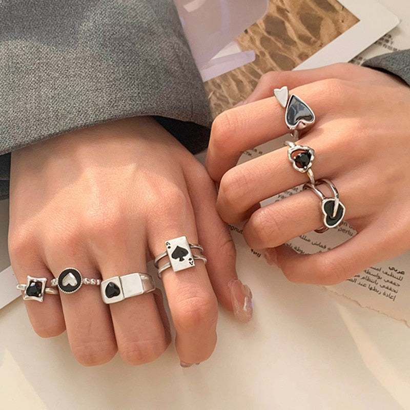 Heart Silver Color Rings Set Crystal Hollow Rings