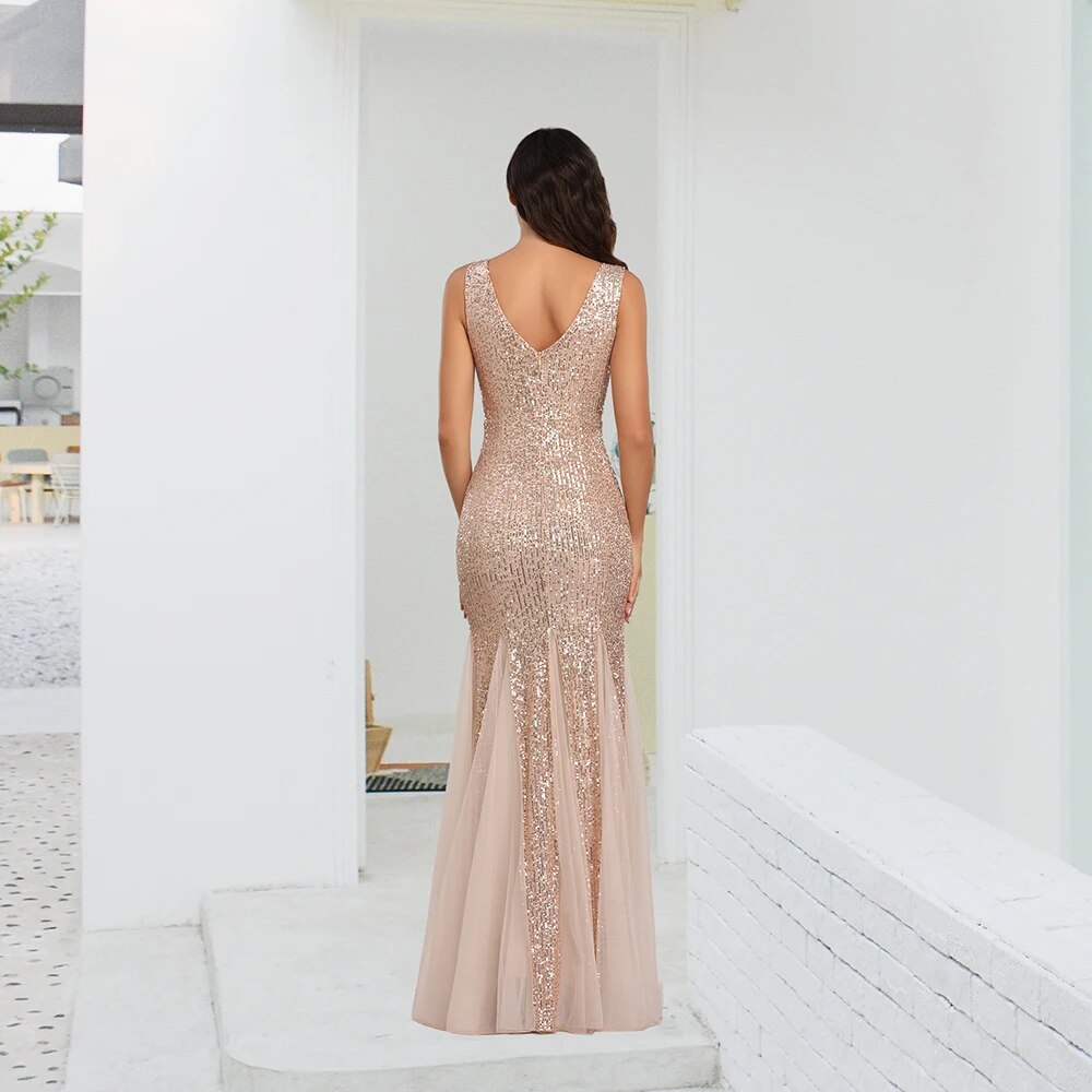 Double V-neck Cocktail Mermaid Sequin Evening Dress