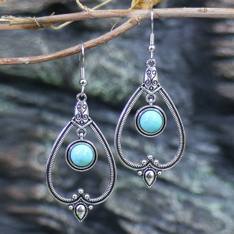 Classic Ethnic Turquoises Water Drop Earrings Bohemian Vintage Jewelry