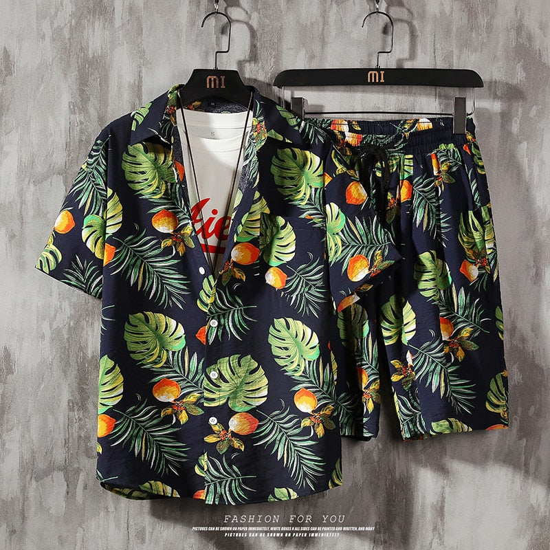 Men's 2 Pieces Set Hawaiian Shirts +Beach Shorts Mens Casual