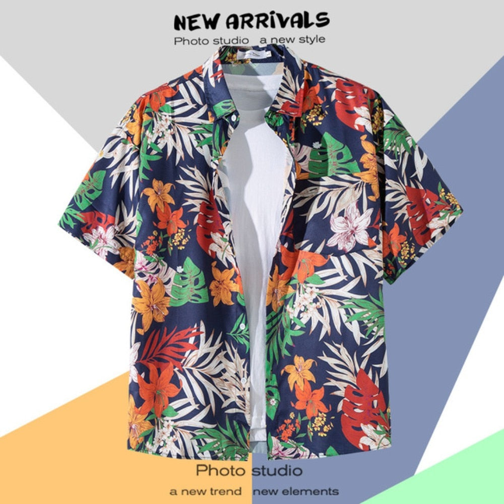 Hawaiian Men's Floral Shirt Summer Geometric Print Short Sleeved