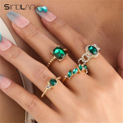 4Pcs Vintage Green Crystal Rings for Women Charms Geometric Set