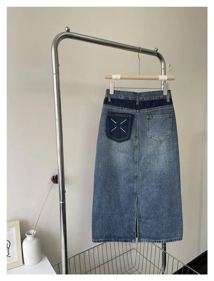 Fashion Y2K Denim Skirt Vintage Patchwork Split Slim A-line