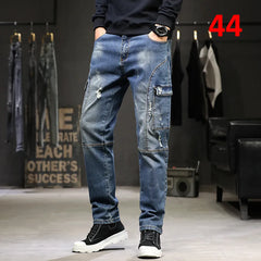 Plus Size Ripped Jeans Men Vintage Denim Pants Baggy Cargo