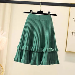 Knitted High Waist Pleated Skirt A-line Skirts Ruffled