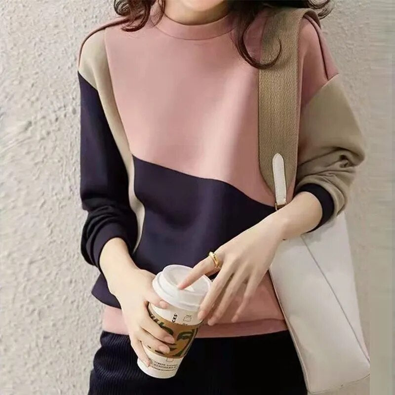 Loose Casual Contrast Color Patchwork Sweatshirt Simple Fashion