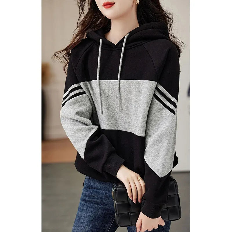 Loose Casual Patchwork Hoodies Ladies Simple Fashion All-match